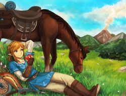 Rule 34 | 1boy, apple, arrow (projectile), bad id, bad pixiv id, blonde hair, blue eyes, bow (weapon), epona, field, food, fruit, gloves, horse, link, long hair, male focus, nintendo, pointy ears, ponytail, quiver, riko (sorube), shield, the legend of zelda, the legend of zelda: breath of the wild, weapon