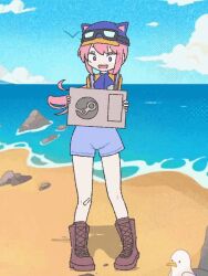 Rule 34 | 1girl, animal hat, animated, animated gif, bandaid, bandaid on knee, bandaid on leg, beach, bird, blue eyes, blue hat, blue sky, boots, brown footwear, cloud, day, goggles, goggles on head, hat, holding, long hair, looking at viewer, looping animation, ocean, open mouth, outdoors, package, pink hair, ponytail, sand, seagull, shorts, sky, solo, standing, steam (platform), steam delivery girl, suspender shorts, suspenders, yoir