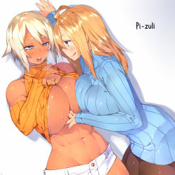 Rule 34 | 23 (real xxiii), 2girls, :q, abs, ahoge, areola slip, arm between breasts, bare shoulders, between breasts, black legwear, blonde hair, blouse, blue eyes, blush, breasts, dark-skinned female, dark skin, detached sleeves, highres, huge breasts, jewelry, large breasts, light areolae, long hair, midriff, multiple girls, muscular, navel, no bra, open mouth, orange shirt, original, pantyhose, ribbed sweater, ring, see-through, see-through legwear, sela (23), shirt, short hair, short shorts, shorts, simple background, sleeveless, sleeveless turtleneck, smile, sweat, sweater, toned, tongue, tongue out, turtleneck, underboob, ursula (23), wedding band, white background, wife and wife, yuri