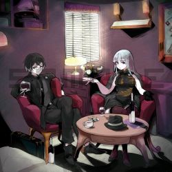 Rule 34 | 1boy, 1girl, ashtray, breasts, chair, china dress, chinese clothes, cigarette, closed mouth, cup, dress, drinking glass, ejami, formal, glasses, hat, heterochromia, long hair, looking at viewer, original, phone, sample watermark, smile, suit, table, thighhighs, watermark, window, wine glass