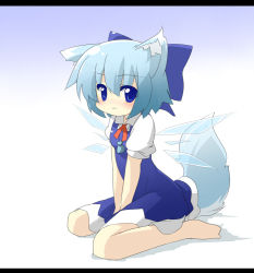 Rule 34 | 1girl, animal ears, barefoot, blue eyes, blue hair, cirno, dress, female focus, full body, gradient background, letterboxed, matching hair/eyes, oka (bananashoe), short hair, solo, tail, touhou, white background, wings, wolf ears, wolf tail