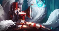 Rule 34 | 1girl, 2015, ahri (league of legends), animal ears, arm behind head, blue hair, breasts, dated, detached sleeves, dress, energy ball, fox ears, hair over one eye, highres, impossible clothes, large breasts, league of legends, lips, lipstick, long hair, looking at viewer, low neckline, makeup, miniskirt, multiple tails, off shoulder, red dress, sitting, skirt, solo, tail, vafar7, white skirt, wide sleeves