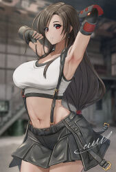 Rule 34 | 1girl, armpits, arms up, black hair, black skirt, bracer, breasts, brown hair, cowboy shot, crop top, earrings, elbow gloves, final fantasy, final fantasy vii, final fantasy vii remake, fingerless gloves, gloves, highres, jewelry, large breasts, leather skirt, long hair, low-tied long hair, m.m (mmitsu 93), midriff, miniskirt, navel, parted lips, red eyes, signature, skirt, stomach, suspender skirt, suspenders, tank top, tifa lockhart, white tank top