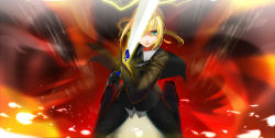 Rule 34 | 1girl, ahoge, artoria pendragon (all), artoria pendragon (fate), black gloves, blonde hair, cao xiong, fate/zero, fate (series), formal, gloves, green eyes, long hair, necktie, pant suit, pants, ponytail, saber (fate), solo, suit, sword, weapon