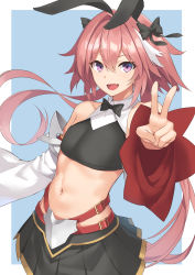 Rule 34 | 1boy, :d, absurdres, animal ears, astolfo (fate), astolfo (saber) (fate), bare shoulders, black bow, black neckwear, black skirt, blue background, border, bow, bowtie, commentary request, cowboy shot, crop top, detached sleeves, fake animal ears, fang, fate/grand order, fate (series), hair between eyes, hair bow, hair intakes, highres, long hair, long sleeves, male focus, midriff, miniskirt, multicolored hair, navel, open mouth, outside border, pleated skirt, purple eyes, rabbit ears, simple background, skin fang, skirt, smile, standing, stomach, streaked hair, suiroh (shideoukami), trap, v, very long hair, white border, white hair, wide sleeves