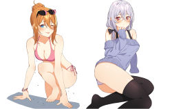 Rule 34 | 2girls, absurdres, bad id, bad pixiv id, bare legs, bare shoulders, barefoot, bikini, blue eyes, blue sweater, blush, breasts, cleavage, dripping, eyewear on head, folded ponytail, full body, goumudan, hair between eyes, hair over shoulder, highres, long hair, looking at viewer, low ponytail, medium breasts, midriff, multiple girls, off-shoulder, off-shoulder sweater, off shoulder, one eye closed, orange hair, original, parted lips, pink bikini, red eyes, short hair, side-tie bikini bottom, silver hair, simple background, sitting, soles, sunglasses, sweater, swimsuit, thighhighs, thighs, wet, wet clothes