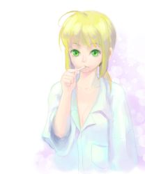 Rule 34 | 1girl, ahoge, artist request, artoria pendragon (all), artoria pendragon (fate), blonde hair, breasts, brushing teeth, cleavage, fate/stay night, fate (series), green eyes, pajamas, pale color, saber (fate), sleeves rolled up, small breasts, solo, toothbrush