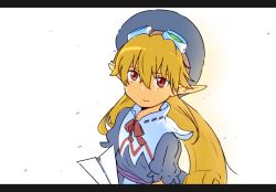 Rule 34 | 1girl, apron, bag, blonde hair, blue hat, bow, cape, curly hair, dress, gloves, goggles, goggles on head, hat, letterboxed, long hair, marivel armitage, pointy ears, red eyes, ribbon, solo, tsukusawa (tukunesour), wild arms, wild arms 2