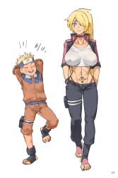 Rule 34 | 1boy, 1girl, 2023, absurdres, ac120, arms behind head, black pants, blonde hair, blue eyes, boruto: naruto next generations, bracelet, breasts, choker, closed eyes, closed mouth, collarbone, collared jacket, covered erect nipples, crop top, dated, facial mark, father and son, forehead protector, full body, genderswap, genderswap (mtf), hair over one eye, headband, highres, holster, jacket, jewelry, konohagakure symbol, large breasts, long hair, looking at another, midriff, naruto, naruto (series), open mouth, orange jacket, orange pants, panties, pants, red choker, red panties, scar, scar across eye, shirt, simple background, smile, standing, stomach tattoo, tattoo, teeth, thigh holster, thigh strap, thong, time paradox, toeless footwear, underwear, upper teeth only, uzumaki boruto, uzumaki naruto, very long hair, whisker markings, white background, white shirt