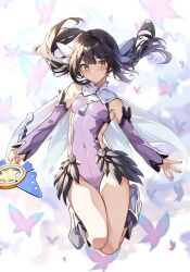 Rule 34 | 1girl, bare shoulders, black hair, blush, breasts, brown eyes, cape, closed mouth, detached sleeves, fate/kaleid liner prisma illya, fate (series), feather hair ornament, feathers, hair between eyes, hair ornament, hairclip, hanahashi bagara, highres, holding, holding wand, kaleidostick, leotard, long hair, long sleeves, looking at viewer, magical girl, miyu edelfelt, purple leotard, purple sleeves, purple thighhighs, sideless leotard, small breasts, solo, thighhighs, twintails, wand, white cape