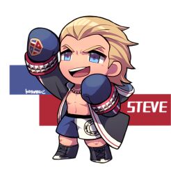 Rule 34 | 1boy, arm up, bare pectorals, black coat, black footwear, blonde hair, blue eyes, blue gloves, boxing gloves, character name, chibi, coat, full body, gloves, hair slicked back, highres, kotorai, male focus, no nose, open clothes, open coat, open mouth, pectorals, short hair, shorts, signature, solo, steve fox, teeth, tekken, upper teeth only