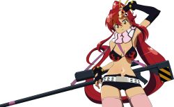 Rule 34 | 00s, 1girl, absurdres, bikini, bikini top only, breasts, cleavage, cowboy shot, gloves, gun, hair ornament, highres, ponytail, red hair, safety glasses, scarf, short shorts, shorts, solo, striped clothes, striped scarf, sunglasses, sunglasses on head, swimsuit, tengen toppa gurren lagann, thighhighs, tinted eyewear, transparent background, vector trace, weapon, yellow-tinted eyewear, yoko littner