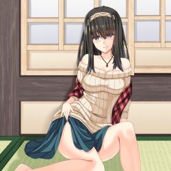 Rule 34 | 1girl, bare shoulders, black hair, blue eyes, blue skirt, blush, clothes lift, collarbone, commentary request, hairband, highres, idolmaster, idolmaster cinderella girls, jewelry, light blush, long hair, looking at viewer, necklace, off-shoulder, off-shoulder sweater, off shoulder, ribbed sweater, sagisawa fumika, shawl, sitting, skirt, skirt lift, solo, sweater, taisai
