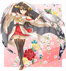 Rule 34 | 10s, 1girl, abo (hechouchou), bare shoulders, black hair, boots, breasts, brown eyes, detached sleeves, flower, full body, hair ornament, hairband, hairclip, haruna (kancolle), highres, japanese clothes, kantai collection, long hair, nontraditional miko, personification, ribbon-trimmed sleeves, ribbon trim, smile, solo, thigh boots, thighhighs, zettai ryouiki