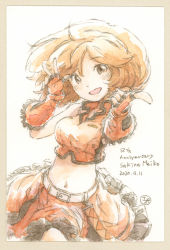 Rule 34 | 1girl, anniversary, belt, blush, brown eyes, brown hair, character name, commentary, cowboy shot, crop top, dated, epoxy putty, fingerless gloves, frilled gloves, frilled skirt, frills, gloves, hand up, meiko (vocaloid), midriff, navel, painting (medium), pointing, pointing at viewer, red gloves, red shirt, red skirt, sakine meiko, shirt, signature, skirt, smile, solo, traditional media, vocaloid, w, watercolor (medium)