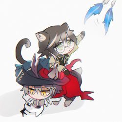 Rule 34 | 2boys, animal ears, arknights, blouse, blue feathers, brown hair, cape, cat boy, cat ears, cat tail, chibi, feathers, full body, glasses, gloves, hat, multiple boys, mustang22, phantom (arknights), playwright (arknights), quill, reaching, reaching towards viewer, red cape, shirt, simple background, tail, white background