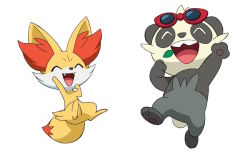 Rule 34 | :d, closed eyes, creatures (company), fangs, fennekin, game freak, gen 6 pokemon, leaf, monoshiri hakase, nintendo, no humans, official style, open mouth, pancham, pokemon, pokemon (anime), pokemon (creature), pokemon xy (anime), red-framed eyewear, simple background, smile, sunglasses, teeth, toes, tongue, white background, |d