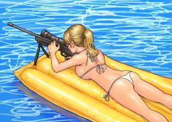 Rule 34 | 1girl, absurdres, aiming, ass, bikini, blonde hair, chanta (ayatakaoisii), facing away, from behind, gun, halterneck, highres, holding, holding gun, holding weapon, inflatable raft, lying, ocean, on stomach, original, parody, ponytail, rifle, side-tie bikini bottom, sniper rifle, solo, string bikini, swimsuit, weapon, white bikini