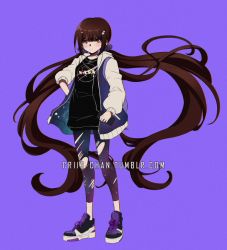 Rule 34 | 1girl, black shirt, blush, commentary, criis-chan, danganronpa (series), danganronpa v3: killing harmony, full body, hair ornament, hairclip, hand on own hip, harukawa maki, holding, holding phone, hood, hooded jacket, jacket, jewelry, long hair, long sleeves, looking at viewer, low twintails, mole, mole under eye, nasa logo, open clothes, phone, purple background, purple scrunchie, raglan sleeves, red eyes, scrunchie, shirt, shoes, sneakers, solo, space print, star (symbol), star hair ornament, starry sky print, symbol-only commentary, torn clothes, torn legwear, twintails, twitter username, very long hair