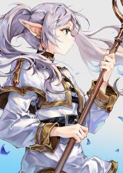 Rule 34 | 1girl, a yue, absurdres, blue background, capelet, closed mouth, commentary, elf, english commentary, frieren, gradient background, green eyes, grey background, grey hair, highres, holding, holding staff, long hair, long sleeves, mixed-language commentary, pointy ears, profile, solo, sousou no frieren, staff, twintails, white capelet