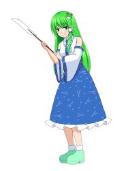 Rule 34 | 1girl, :q, absurdres, blue skirt, commentary, detached sleeves, frog hair ornament, gohei, green eyes, green footwear, green hair, hair ornament, hair tubes, highres, holding, holding gohei, kochiya sanae, long hair, shoes, simple background, single hair tube, skirt, smile, snake hair ornament, solo, tatsu toyoyo, tongue, tongue out, touhou, white background