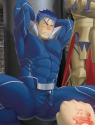 Rule 34 | 3boys, abs, armor, bara, blue hair, blush, bulge, clenched teeth, command spell, cu chulainn (fate), cum, erection, fate/stay night, fate (series), forced orgasm, highres, humiliation, cu chulainn (fate/stay night), male focus, multiple boys, muscular, pectorals, restrained, takejirog, tattoo, teeth