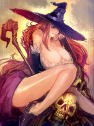 Rule 34 | 1girl, bare shoulders, between legs, breasts, brown eyes, cleavage, curvy, detached sleeves, dragon&#039;s crown, dress, hat, highres, huge breasts, kazeco, leg lift, legs, lips, long hair, long skirt, orange hair, shoes, sitting, skeleton, sketch, skirt, skull, solo, witch, sorceress (dragon&#039;s crown), staff, strapless, strapless dress, vanillaware, very long hair, weapon, witch, witch hat