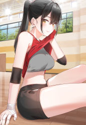 Rule 34 | 1girl, bare shoulders, black hair, black shorts, blush, breasts, elbow pads, grey sports bra, gym shorts, highres, kfr, large breasts, long hair, looking at viewer, medium breasts, original, ponytail, red tank top, shorts, sitting, smile, solo, sports bra, sportswear, tank top, thighs, volleyball uniform, yellow eyes