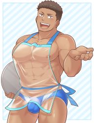 Rule 34 | 1boy, :d, abs, aopanda, apron, bara, blue male swimwear, blush, brown eyes, brown hair, bulge, collarbone, cowboy shot, fang, hand up, highres, holding, holding tray, large pectorals, looking at viewer, male focus, male swimwear, muscular, muscular male, navel, nipples, open hand, open mouth, original, outside border, pectorals, puffy chest, see-through, short hair, smile, solo, standing, striped, striped background, sweat, swim briefs, tray