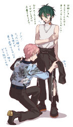 Rule 34 | 2boys, arm at side, belt, black pants, blue eyes, blush, commentary request, ensemble stars!, floral print, full body, green hair, hair between eyes, hand on own arm, heterochromia, highres, itsuki shu, jewelry, kagehira mika, kneeling, long sleeves, male focus, multiple boys, necklace, open mouth, pants, pink hair, ring, ring necklace, sleeveless, sleeveless turtleneck, sleeves past elbows, standing, translation request, turtleneck, valkyrie (ensemble stars!), wednesday 108, white background, yellow eyes