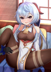 Rule 34 | 1girl, absurdres, black gloves, blue hair, blush, bodice, bodysuit, breasts, chinese knot, crossed bangs, detached sleeves, ganyu (genshin impact), genshin impact, gloves, goat horns, happy, highres, horns, indoors, leaning forward, leg lift, long hair, looking at viewer, medium breasts, moaning, nc731, neck bell, open mouth, ready to pee, sitting, smile, solo, spread legs
