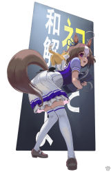 Rule 34 | 1girl, :3, ahoge, animal, animal ears, animal on back, bag, brown footwear, brown hair, cat, full body, hairband, highres, horse ears, horse girl, horse tail, kakuchoshi, leaning forward, looking at viewer, looking back, medium hair, meisho doto (umamusume), meto (cat), hugging object, open mouth, purple shirt, sailor collar, school bag, school uniform, shirt, shoes, skirt, solo, standing, tail, text background, thighhighs, tracen school uniform, umamusume, white skirt, white thighhighs