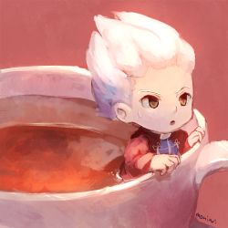 Rule 34 | 1boy, :o, archer (fate), artist name, brown eyes, chibi, commentary request, cup, fate/stay night, fate (series), hair slicked back, in container, in cup, jacket, long sleeves, male focus, manino (mofuritaionaka), mini person, miniboy, red background, red jacket, signature, simple background, solo, sweatdrop, white hair