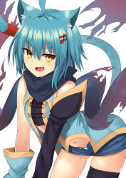 Rule 34 | 1girl, :d, ahoge, animal ears, asymmetrical sleeves, bare shoulders, black scarf, blue hair, blue panties, blue shirt, blue shorts, cat ears, cat tail, commentary request, detached sleeves, facial scar, fang, fortissimo, hair between eyes, hair ornament, highres, kemonomimi mode, leaning forward, looking at viewer, mahcdai, medium hair, mismatched sleeves, musical note, musical note hair ornament, navel, open fly, open mouth, original, panties, planol note, quaver, red ribbon, ribbon, scar, scar on cheek, scar on face, scarf, shirt, short shorts, shorts, simple background, single thighhigh, sleeveless, sleeveless shirt, slit pupils, smile, solo, standing, strapless, tail, tail ornament, tail ribbon, thighhighs, torn clothes, torn scarf, tube top, unbuttoned, underwear, white background, yellow eyes