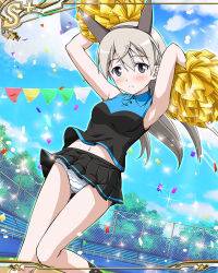 Rule 34 | 1girl, artist request, blonde hair, blush, breasts, day, eila ilmatar juutilainen, fence, holding, holding pom poms, long hair, looking at viewer, official art, panties, pom pom (cheerleading), pom poms, sky, solo, strike witches, striped, teeth, track and field, tree, underwear, world witches series