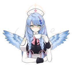 Rule 34 | 1girl, blue archive, blue eyes, breasts, cup, dress, green eyes, hat, highres, large breasts, large wings, mine (blue archive), mug, nurse cap, pointy ears, solo, twitter, upper body, white dress