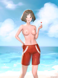Rule 34 | 1girl, :d, absurdres, artist name, backlighting, beach, bird, blue sky, blurry, blush, bob cut, breasts, brown eyes, brown hair, cloud, collarbone, crossdressing, day, depth of field, hand on own hip, hand up, heart, highres, horizon, male swimwear, male swimwear challenge, medium breasts, navel, nipples, ocean, open mouth, original, outdoors, parted bangs, red male swimwear, red swim trunks, roll out road, short hair, sky, smile, solo, sparkle, standing, sunlight, swim trunks, swimsuit, topless