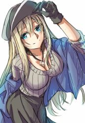 Rule 34 | 1girl, alternate costume, beret, bismarck (kancolle), blue jacket, breasts, cleavage, cowboy shot, grey hat, grey skirt, grey sweater, hat, highres, jacket, jewelry, kantai collection, large breasts, looking at viewer, necklace, one-hour drawing challenge, ribbed sweater, ring, simple background, skirt, smile, solo, sweater, tonke, white background