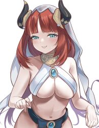 Rule 34 | 1girl, bare shoulders, blush, breasts, brooch, cleavage, commentary, english commentary, fake horns, genshin impact, green eyes, grin, hair ornament, halterneck, harem outfit, highres, horns, jewelry, large breasts, long hair, looking at viewer, low twintails, navel, neck ring, nilou (genshin impact), red hair, sidelocks, smile, solo, tinnies, twintails, veil