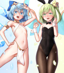Rule 34 | 2girls, absurdres, animal ears, armpit crease, bad id, bad pixiv id, bare shoulders, black bow, black bowtie, black leotard, blue eyes, blue hair, blue ribbon, blush, bow, bowtie, brown pantyhose, cirno, collarbone, daiyousei, detached collar, fairy wings, fake animal ears, feet out of frame, fine fabric emphasis, flat chest, green eyes, green hair, highres, ice, ice wings, leotard, looking at viewer, medium hair, multiple girls, navel, open mouth, orochi itto, pantyhose, playboy bunny, rabbit ears, revealing clothes, ribbon, short hair, side ponytail, smile, strapless, strapless leotard, thighs, touhou, wings, wrist cuffs, yellow ribbon