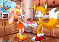 Rule 34 | 1boy, 1girl, absurdres, bbmbbf, blue eyes, cake, cheese the chao, closed eyes, cream the rabbit, dress, food, furry, happy, highres, kitchen, multiple tails, palcomix, pietro&#039;s secret club, red dress, sega, tail, tails (sonic)