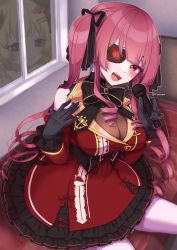 Rule 34 | 1girl, absurdres, blush, breasts, cleavage, eyepatch, hair ribbon, highres, hololive, houshou marine, houshou marine (gothic lolita), large breasts, long hair, looking at viewer, microphone, open mouth, red eyes, red hair, ribbon, see-through, see-through cleavage, smile, solo, tsunomaki watame, twintails, very long hair, virtual youtuber