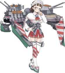 Rule 34 | 10s, 1girl, bare shoulders, breasts, brown hair, capelet, detached sleeves, eyewear strap, full body, glasses, hat, jiji (aardvark), kantai collection, large breasts, looking at viewer, machinery, necktie, official art, pince-nez, red skirt, roma (kancolle), skirt, solo, striped clothes, striped thighhighs, thighhighs, transparent background, white thighhighs