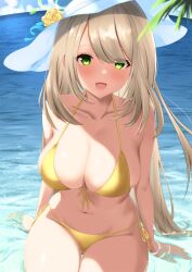 Rule 34 | :d, absurdres, arm support, bikini, blue archive, blue sky, blush, breasts, brown hair, cleavage, cloud, collarbone, day, flower, green eyes, halo, hat, hat flower, highres, horizon, large breasts, long hair, looking at viewer, miyakoshin053, navel, nonomi (blue archive), nonomi (swimsuit) (blue archive), official alternate costume, open mouth, outdoors, partially submerged, rose, side-tie bikini bottom, sidelocks, sky, smile, stomach, sun hat, swimsuit, wet, yellow bikini, yellow flower, yellow rose