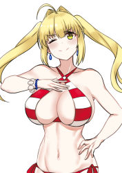 Rule 34 | 1girl, ahoge, bare shoulders, bikini, blonde hair, blush, breasts, cleavage, collarbone, criss-cross halter, fate/extra, fate/grand order, fate (series), green eyes, hair intakes, halterneck, highres, jewelry, large breasts, long hair, looking at viewer, nero claudius (fate), nero claudius (fate) (all), nero claudius (swimsuit caster) (fate), simple background, smile, solo, striped bikini, striped clothes, swimsuit, twintails, upper body, white background, zatsu