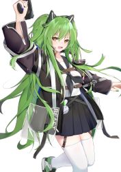 Rule 34 | 1girl, absurdres, animal ears, calico light weapons systems, calico m950, calico m950a, cheek pistol, double-stack magazine, fake animal ears, girls&#039; frontline, green hair, gun, handgun, helical magazine, high-capacity magazine, highres, holding, holding gun, holding weapon, jacket, kotoha (kotoha65), long hair, m950a (girls&#039; frontline), m950a (mod3) (girls&#039; frontline), machine pistol, mod3 (girls&#039; frontline), open mouth, pistol, school uniform, skindentation, solo, standing, standing on one leg, thighhighs, very long hair, weapon, white background, white thighhighs, yellow eyes
