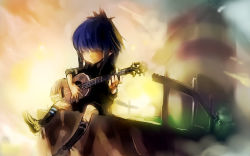 Rule 34 | 1girl, acoustic guitar, blue hair, cliff, cloud, dusk, expressionless, fence, gorillaz, guitar, hair over eyes, instrument, kneehighs, lighthouse, long sleeves, music, noodle (gorillaz), playing instrument, railing, shoes, shorts, sitting, sky, sleeves pushed up, socks, solo, ukyo rst, windmill