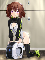 Rule 34 | 1girl, alice gear aegis, all fours, black jacket, black thighhighs, booth babe, breasts, brown hair, circle cutout, cleavage cutout, clothing cutout, commentary request, companion/af, double-parted bangs, front zipper, full-length zipper, full body, green footwear, heattech leotard, highleg, highleg leotard, highres, jacket, kimikage yui, leotard, looking at viewer, machine, medium hair, open leotard, panda sasasa, purple eyes, race queen, small breasts, smile, solo, thighhighs, turtleneck, twintails, white leotard, zipper, zipper leotard