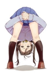 Rule 34 | 1girl, bent over, black socks, blue skirt, blush, breasts, brown eyes, brown footwear, brown hair, commentary request, from behind, full body, grin, hanging breasts, kawai makoto, kneehighs, large breasts, loafers, long hair, long sleeves, looking at viewer, looking back, original, pleated skirt, shadow, shoes, simple background, skirt, smile, socks, solo, top-down bottom-up, white background