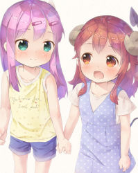 Rule 34 | 2girls, :d, aged down, bare arms, bare shoulders, beige background, blue dress, blue shorts, blush, brown eyes, brown hair, chiyoda momo, closed mouth, clothes writing, commentary request, curled horns, demon girl, demon horns, demon tail, dress, english text, fang, green eyes, hair ornament, hairclip, holding hands, horns, long hair, machikado mazoku, multiple girls, open mouth, pink hair, polka dot, polka dot dress, pu-en, shirt, short shorts, short sleeves, shorts, simple background, sleeveless, sleeveless dress, sleeveless shirt, smile, tail, tail raised, white shirt, yellow shirt, yoshida yuuko (machikado mazoku)